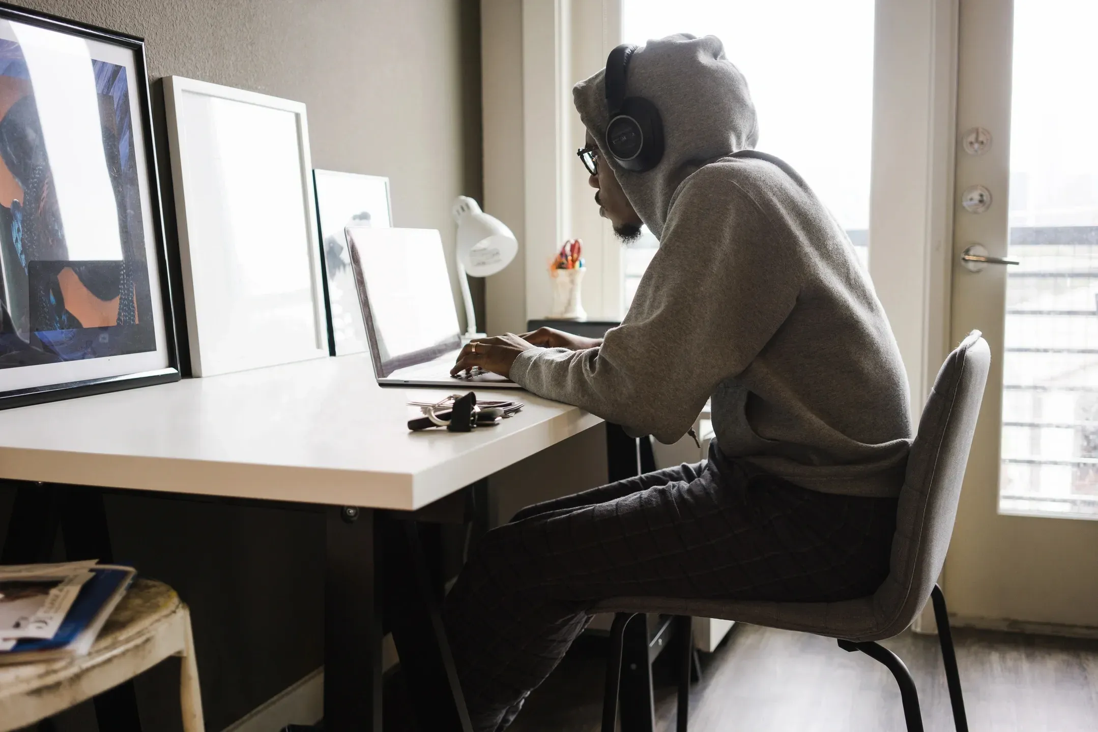 Man studying on laptop.